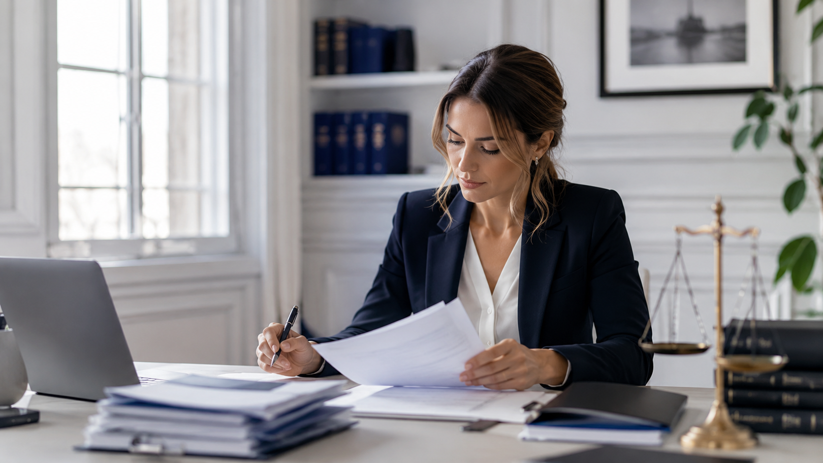 Professionnelle analysant un dossier juridique et administratif Juridex